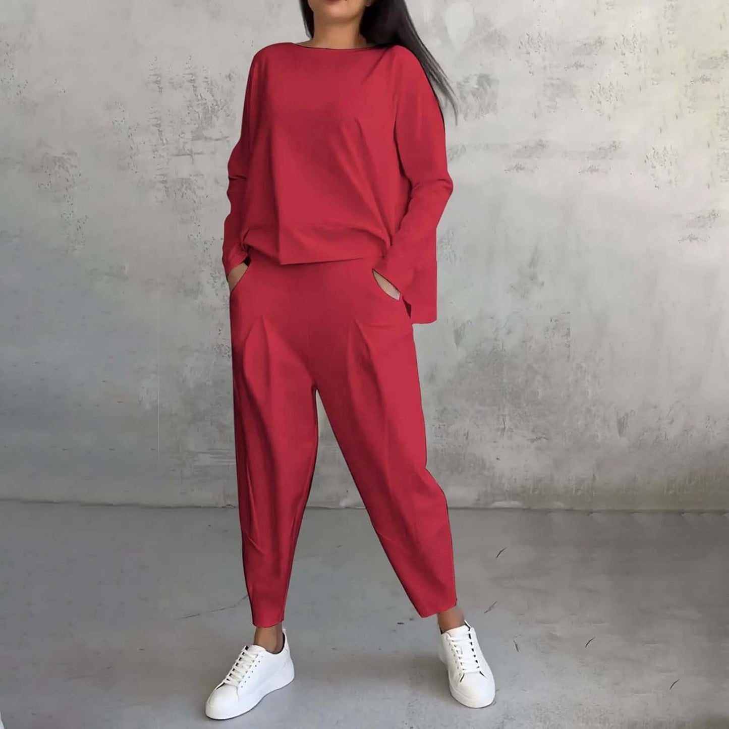 💕【40% ZNIŻKI】💕 【S-5XL】💕 Okrągły dekolt, długie rękawy, spodnie, casualowy garnitur (top + spodnie)