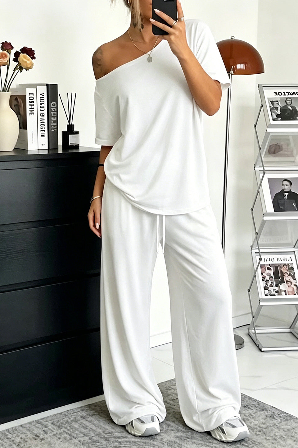【S-5XL】Conjunto 2026: Camiseta elegante de manga corta con hombros descubiertos + Pantalones holgados con cordón y zapatos anchos 😍 ¡Imprescindible para el verano!