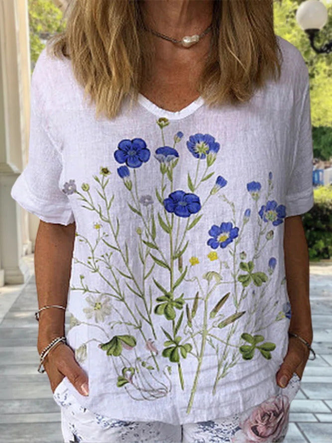 🔥✨【Oferta specjalna ograniczona czasowo】【S-5XL】2025 Modna, swobodna damska koszulka z krótkim rękawem z bawełny i lnu z nadrukiem