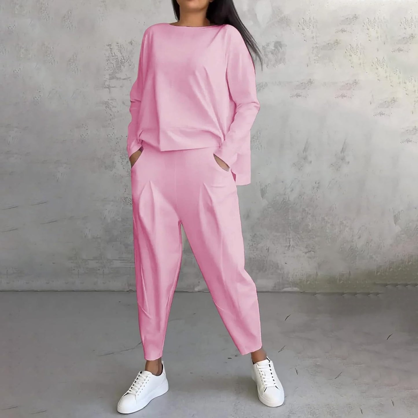 💕【40% ZNIŻKI】💕 【S-5XL】💕 Okrągły dekolt, długie rękawy, spodnie, casualowy garnitur (top + spodnie)
