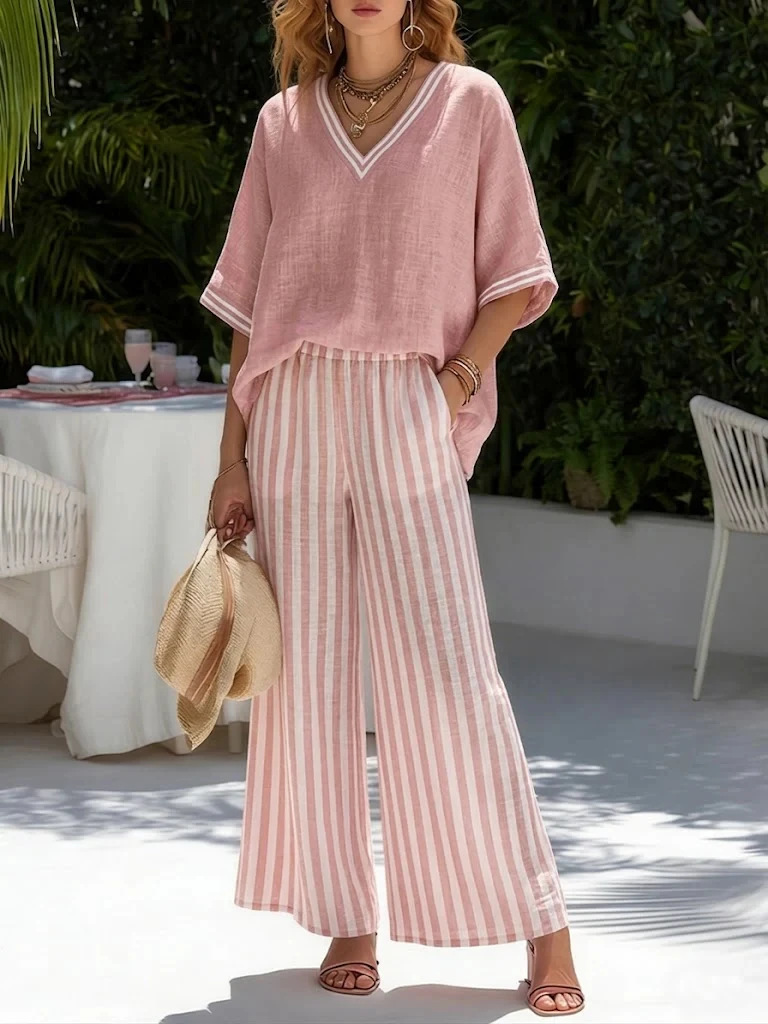 💐【S-4XL】Conjunto clásico a rayas de algodón y lino (top + pantalones)