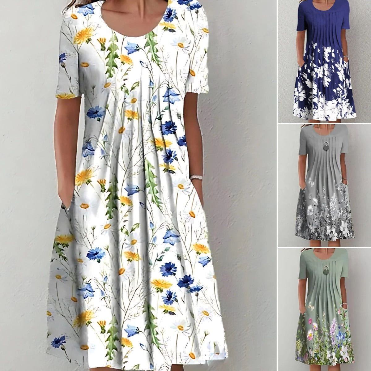 💗💗 【40-100KG】🎁🎁2025 Wiosna i Lato Nowa Moda Damska Sukienka Z Okrągłym Dekoltem Nadrukowana