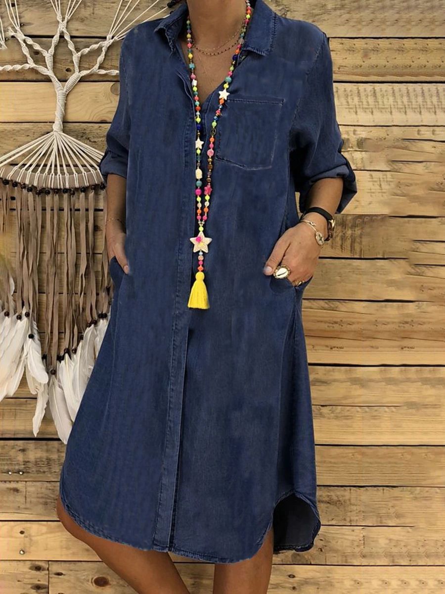 2025 plus size ladies denim dress casual dress plain color🎀Luźny krój, 🎀Modny temperament, 🎀Nadaje się na różne okazje