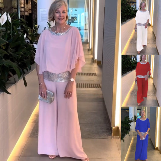 🥰💐【S-3XL】2025 Nowy zestaw spodni z szeroką nogawką z cekinami i okrągłym dekoltem