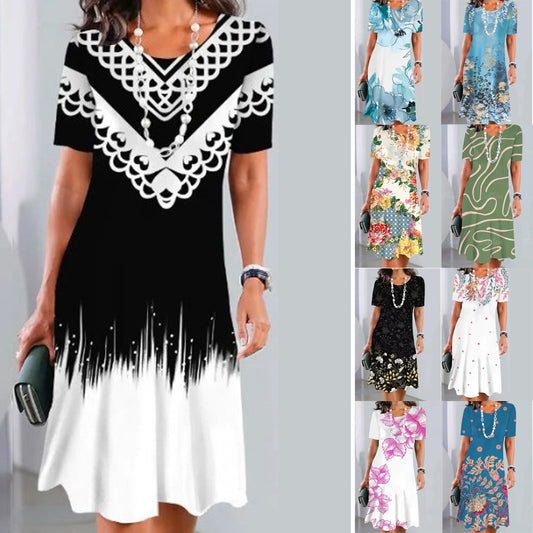 ✨【XS-5XL】👗👗Nové letné elegantné šaty s okrúhlym výstrihom a potlačou 2025, pohodlné a priedušné