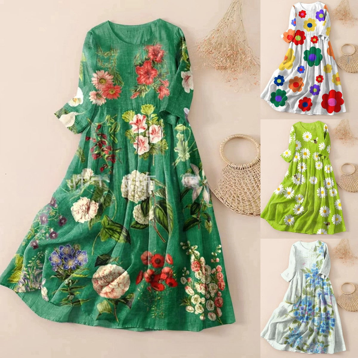 【S-3XL】🌼2024 nowa plisowana sukienka z okrągłym dekoltem i kwiatowym nadrukiem🌸3642425