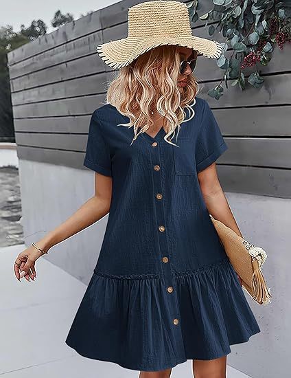 👗🍀Luźna letnia sukienka z bawełny i lnu, marszczony dół, codzienna sukienka z krótkim rękawem-3710179