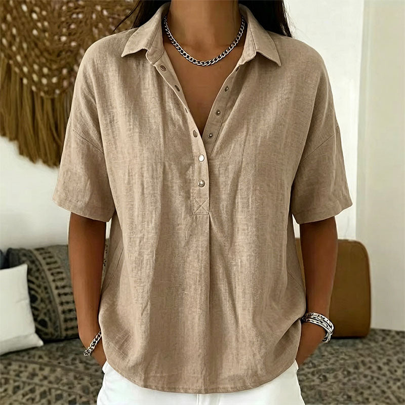 ⏳ Último día, -50%【S–3XL】Camisa mujer de algodón y lino manga corta, corte entallado, transpirable y cómoda, fácil de combinar