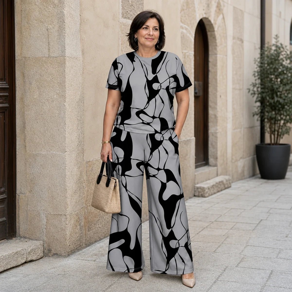【 S-5XL】🛍️ Elegancki i swobodny! Letni komplet w dużym rozmiarze z nowoczesnym, geometrycznym nadrukiem