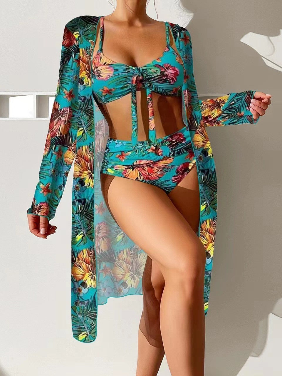 👙🌟【S-2XL】【Zestaw trzyczęściowy】 2025 nowy stylowy szal, 3-częściowy zestaw strojów kąpielowych