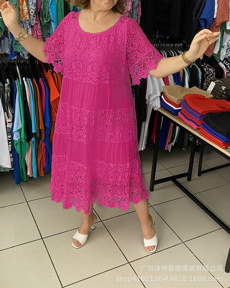 💕🌈【S-3XL】2025 Lato Nowa Krótki Rękaw Okrągły Dekolt Duży Rozmiar Koronkowa Sukienka