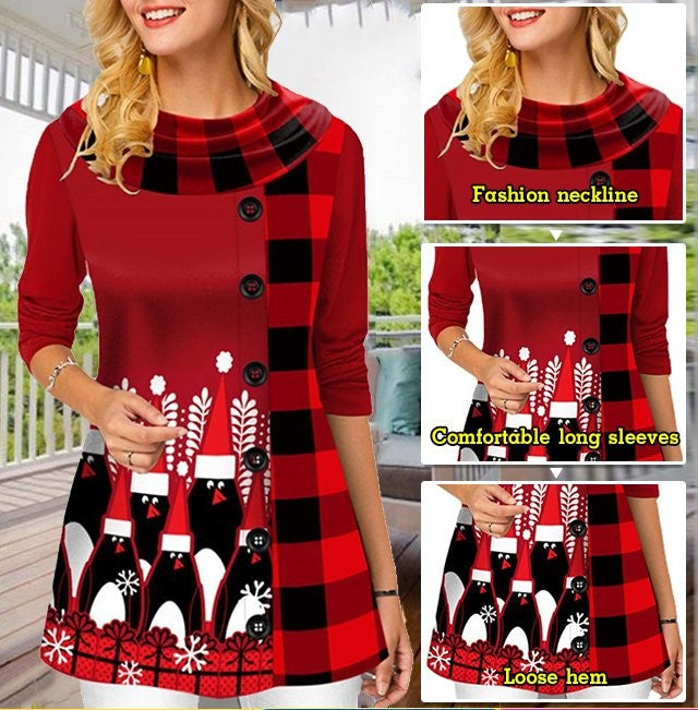 🔥🎄【S-5XL】2025 Nowy Świąteczny Ciepły Bawełniany Wygodny Casual Drukowany Modny damski top z długim rękawem-3905565