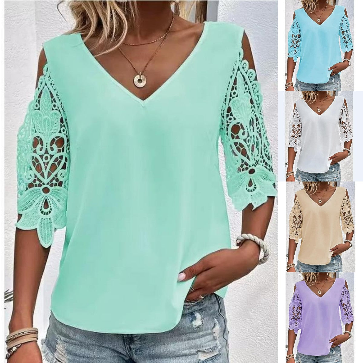 💓【S-3XL】2025 Lato Damska Moda Prosta Koszulka T-shirt, Top z dekoltem w serek, prosty koronkowy wzór