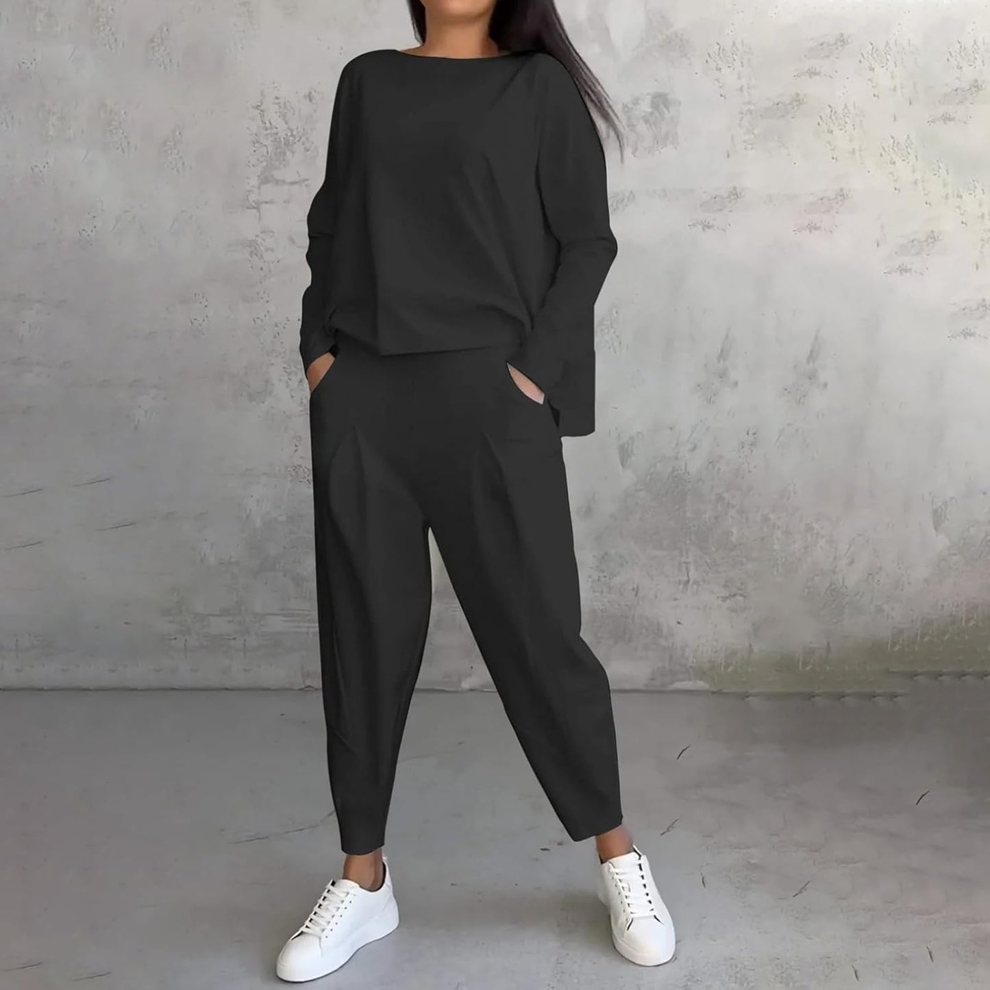 💕【40% ZNIŻKI】💕 【S-5XL】💕 Okrągły dekolt, długie rękawy, spodnie, casualowy garnitur (top + spodnie)