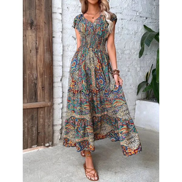 đ„đăS-3XLăDamska sukienka maxi z wysokim stanem i dekoltem w szpic z nadrukiem w stylu boho