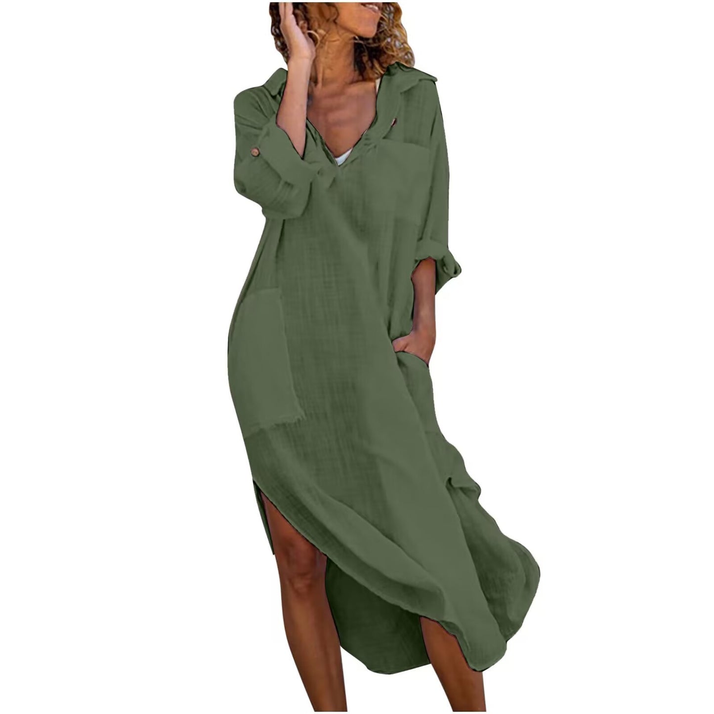 🎉💃【40-100 kg】Vestido camisero de algodón y lino liso para mujer, vestido camisero largo con abertura y botones ✅️Pago contra entrega