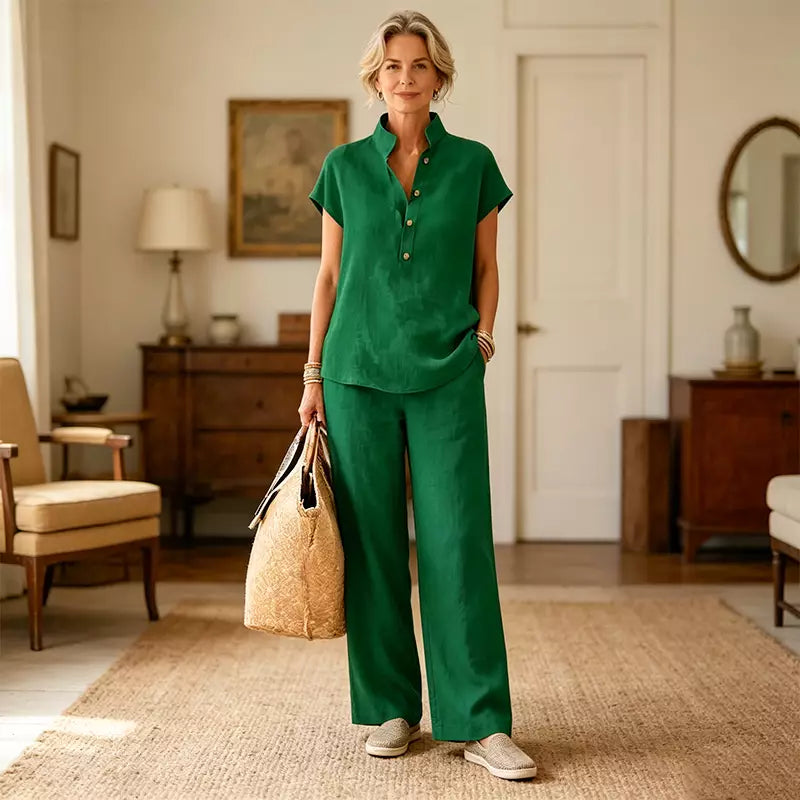 🔥【¡Oferta al 50%!!】✨Conjunto de mujer de lino y algodón: blusa de manga corta y pantalón ancho, estilo casual elegante de verano