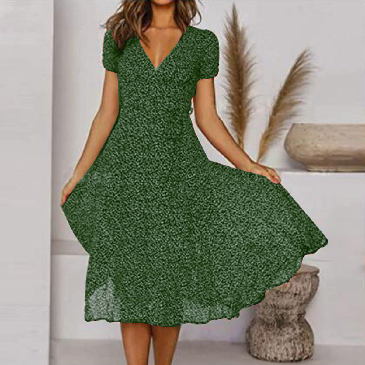🌈👗 50% zniżki🔥【40-100 kg】Sukienka z krótkim rękawem, dekoltem w serek i wzorem w groszki, duże rozmiary ✅️Płatność przy odbiorze