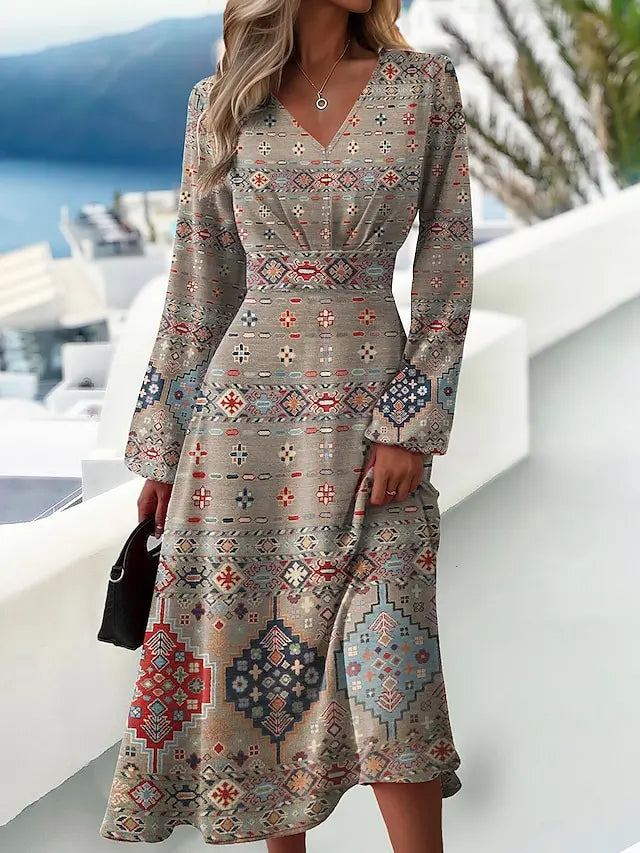 👗💐【S-3XL】2025 nowa modna i elegancka sukienka z długimi rękawami i dekoltem w szpic