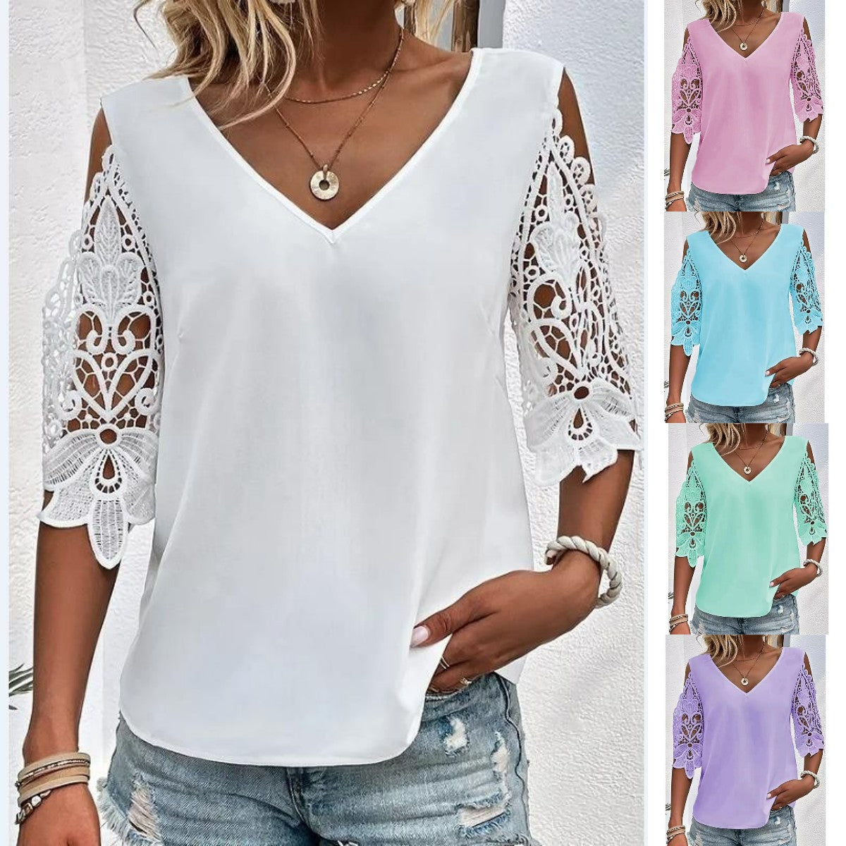 💓【S-3XL】2025 Lato Damska Moda Prosta Koszulka T-shirt, Top z dekoltem w serek, prosty koronkowy wzór