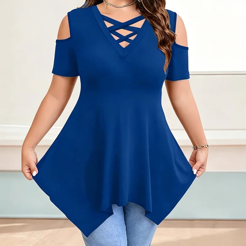 👚【S-5XL】Camiseta moderna con escote en V cruzado y hombros descubiertos