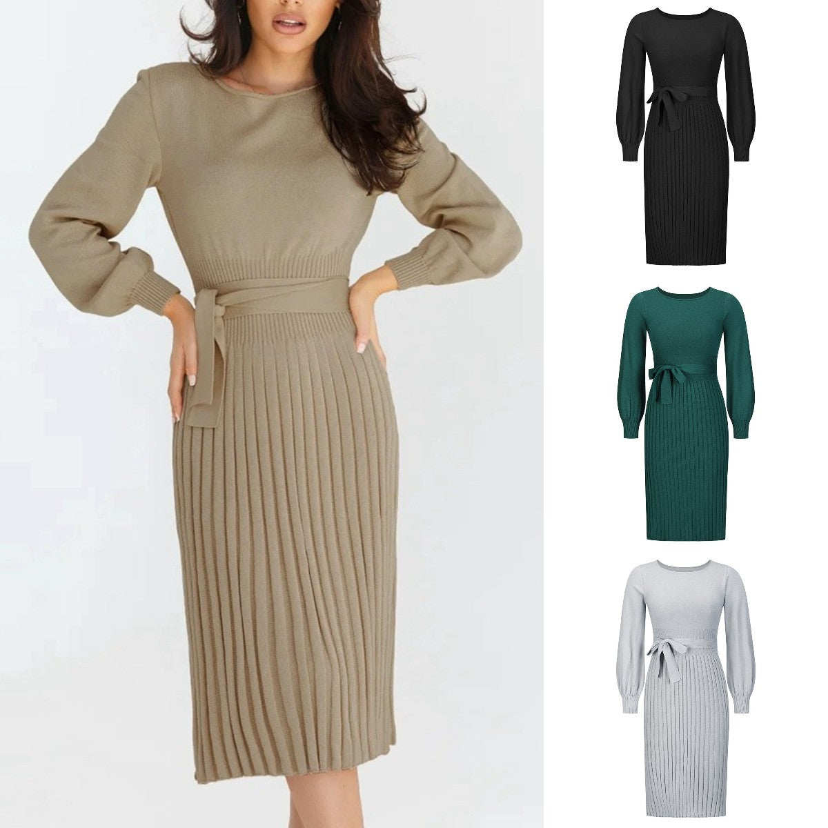 👗🔥 (Z paskiem) 2024 nowa jesienno-zimowa dzianinowa wąska plisowana sukienka midi-3807305