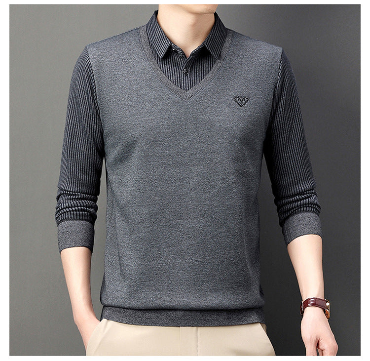 💥🔥【M-4XL】Есенно-зимна мъжка поло тениска с яка и дълъг ръкав Мъжка поло тениска от две части за средна възраст и възрастни