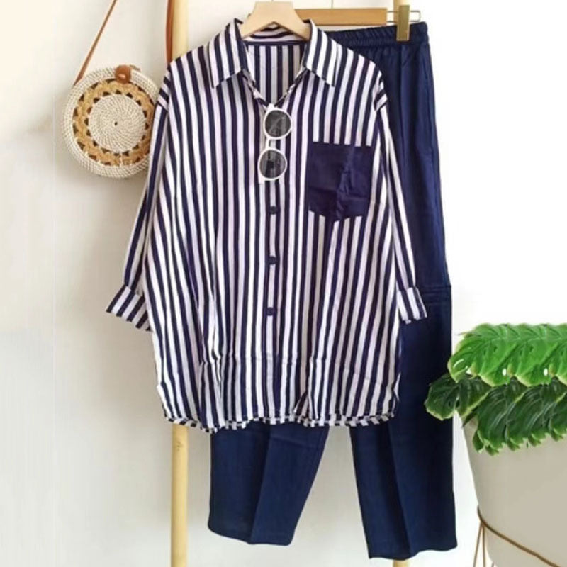 【S-3XL】Wiosenny dwuczęściowy garnitur w paski-3924545
