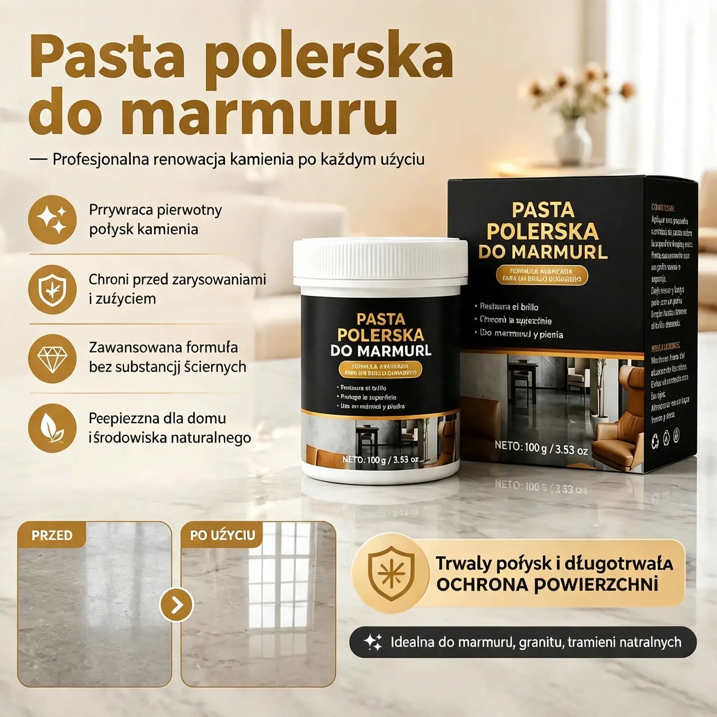 🥳 🔥 Dwie butelki za jedyne 109 zł! ✨ Pasta do polerowania marmuru – usuń zarysowania, przywróć połysk i zabezpiecz powierzchnię w zaledwie 2 minuty 🛡️