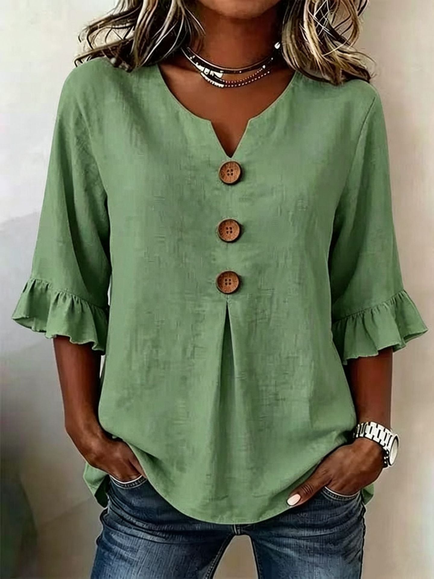 🔥【S-3XL】 Nueva camisa de mujer con cuello en V y volantes, mezcla de algodón y lino, cierre de botones: simple y elegante.