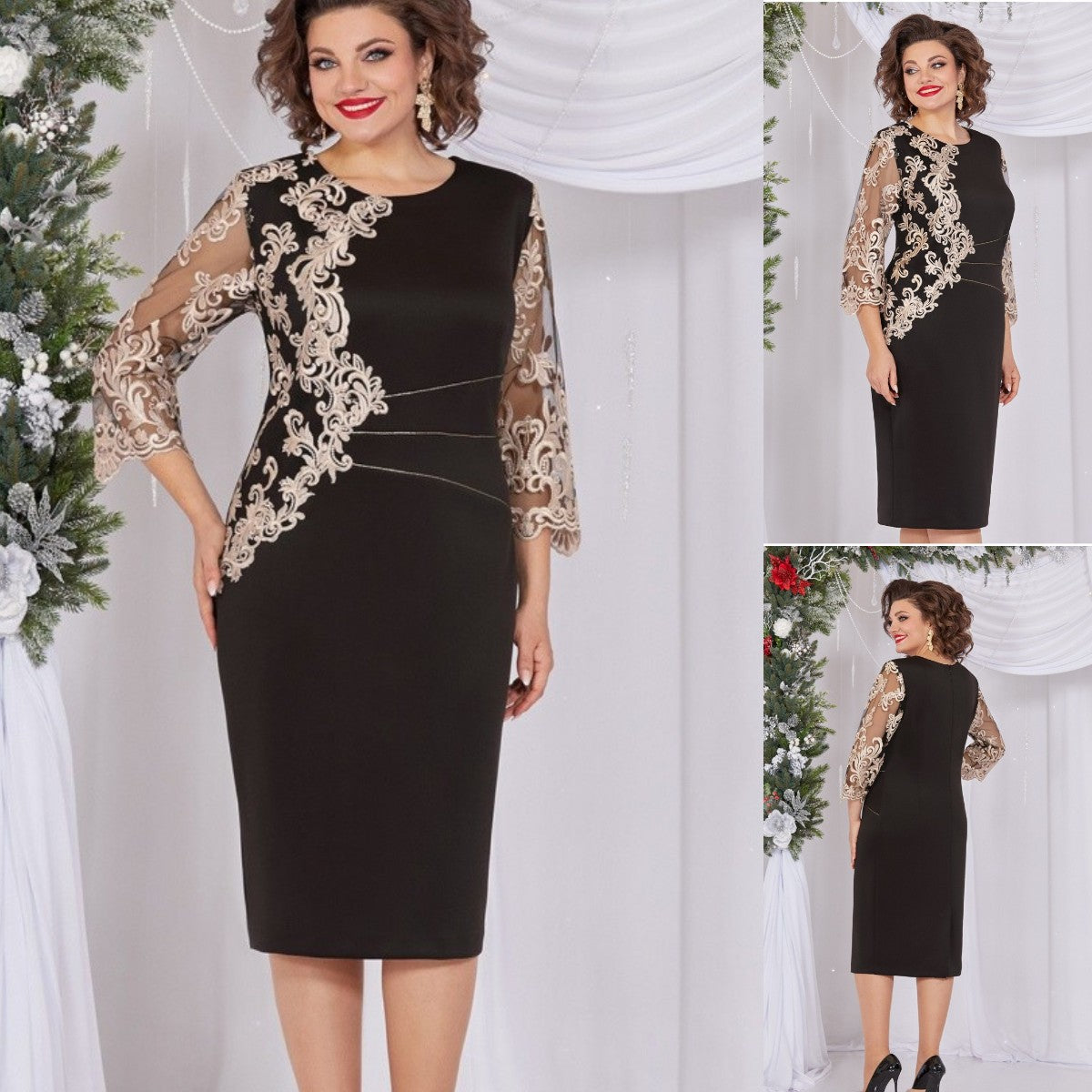 💖💖【S-5XL】🍁🍂2024 wysokiej jakości modna jesienno-zimowa nowa koronkowa elegancka sukienka-3831567