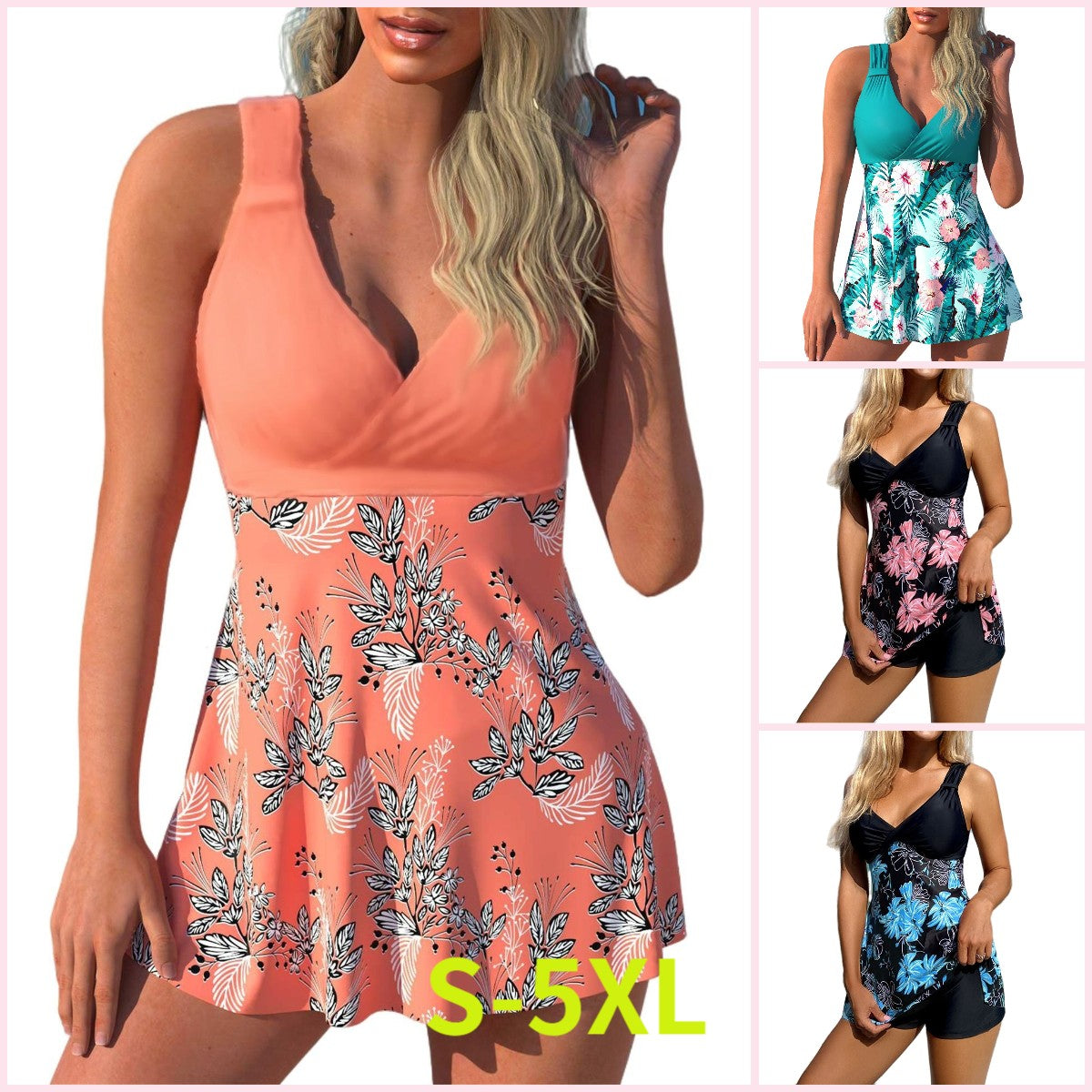 🌴🏖️ 【50% zniżki 】【S-5XL】😍🔥 Duży damski zestaw kostiumów kąpielowych z nadrukiem, spodenki, spódniczka do pływania z odkrytymi plecami, szybkoschnący materiał