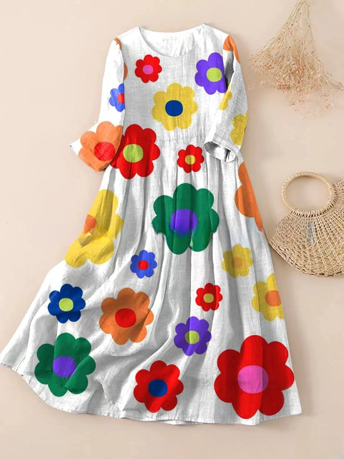 【S-3XL】🌼2024 nowa plisowana sukienka z okrągłym dekoltem i kwiatowym nadrukiem🌸3642425