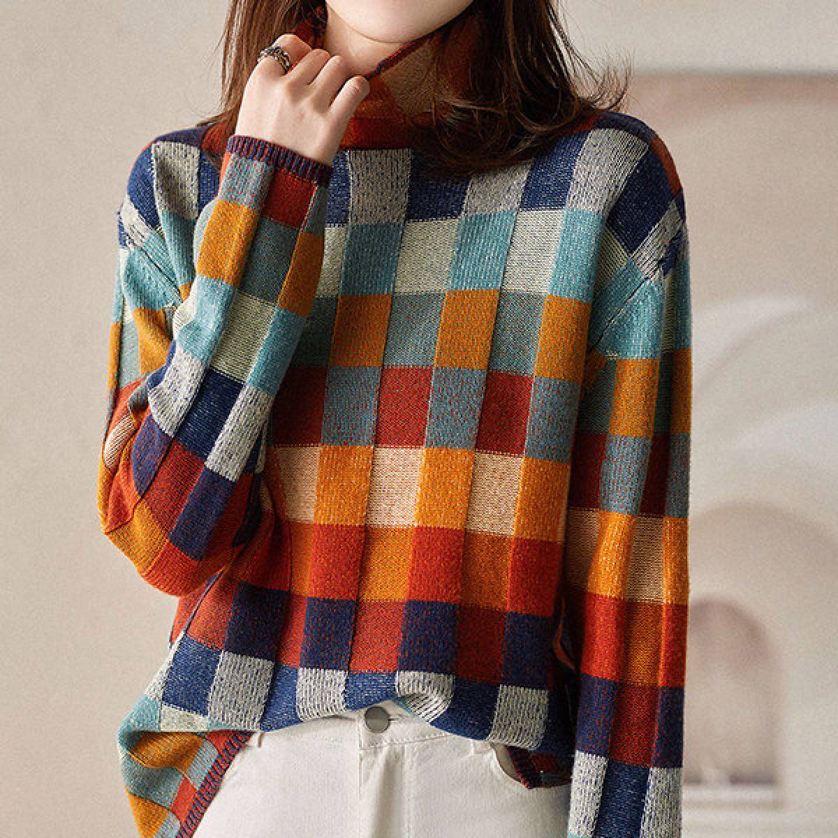 🔥🌷【Oferta specjalna na Nowy Rok✨】Nowy damski sweter w kratkę na jesień/zimę z ciepłym dzianinowym blokiem kolorów