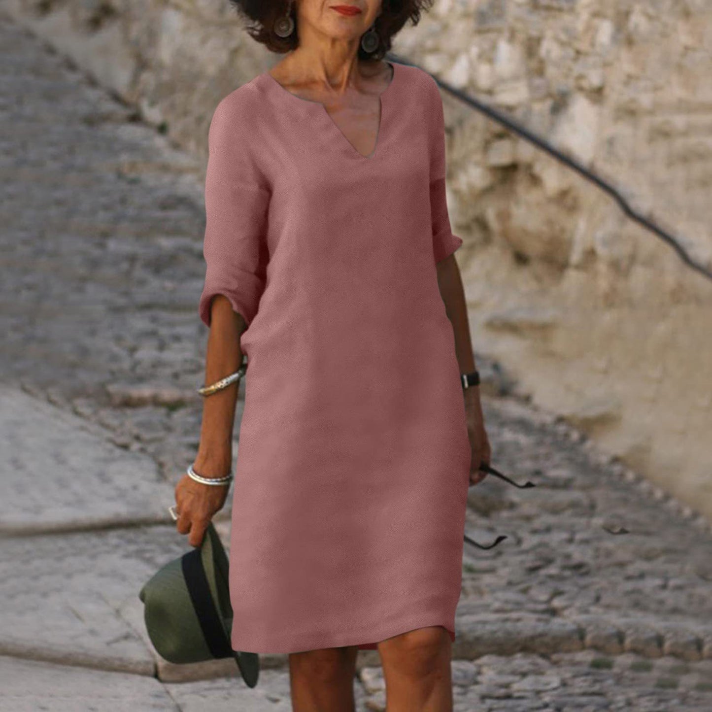 👗【S-3XL】Vestido vintage de lino y algodón con cuello en V, cintura alta, empalmes y mangas 3/4 lisas; tejido transpirable, lavable y resistente a las arrugas.