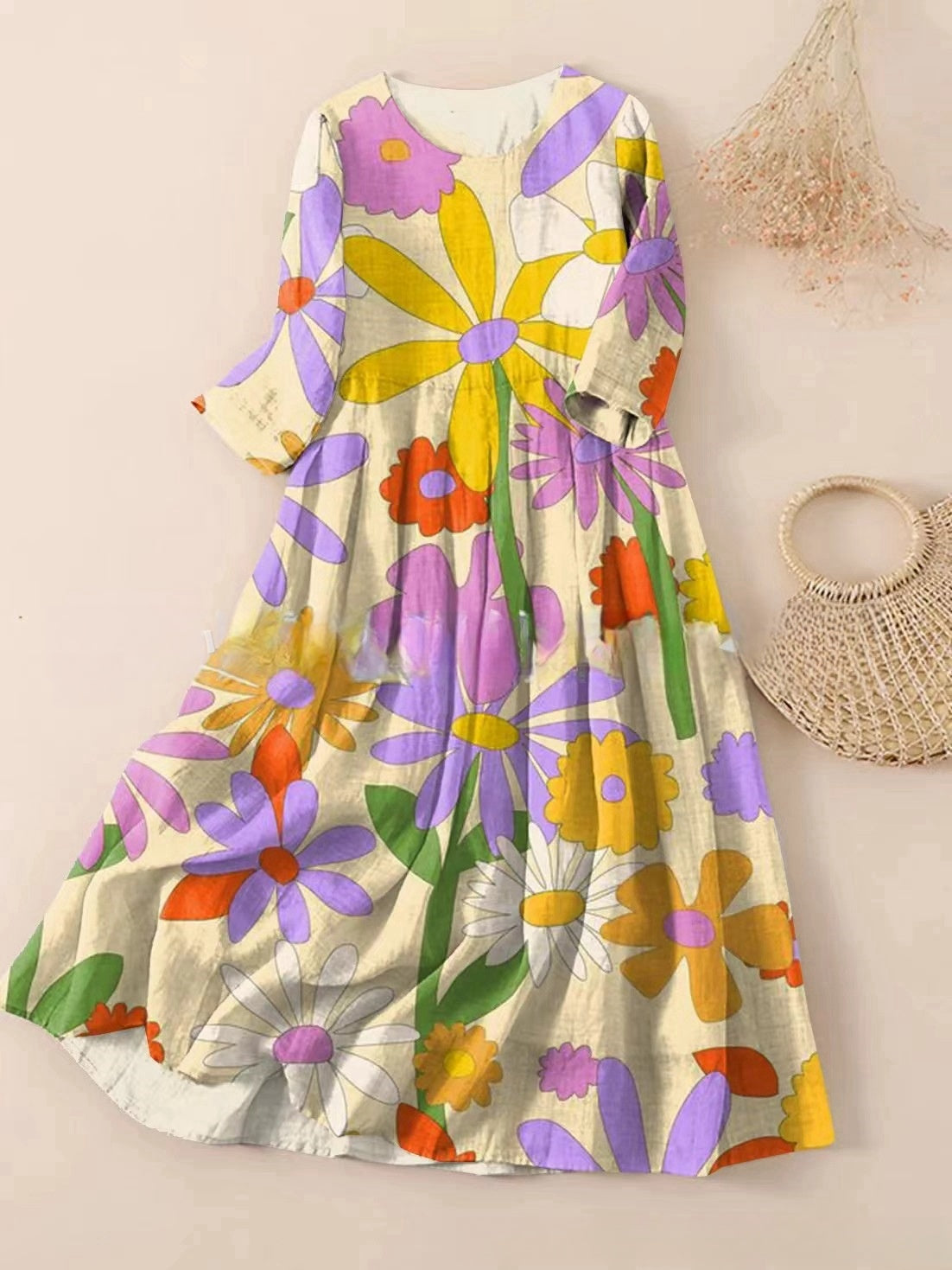 【S-3XL】🌼2024 nowa plisowana sukienka z okrągłym dekoltem i kwiatowym nadrukiem🌸3642425