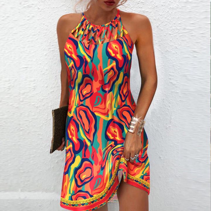 💟🔥【S-2XL】2025 lato nowa moda bez rękawów sukienka z nadrukiem w stylu kurortu nadmorskiego
