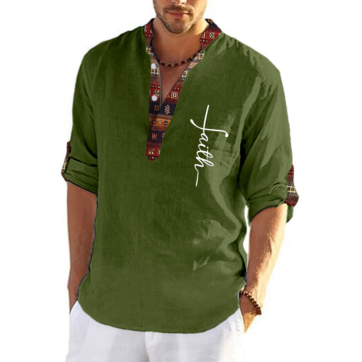 đ„Promocja ograniczona czasowođ„MÄska lniana, baweĆniana koszula z nadrukiem i dekoltem w ksztaĆcie litery V-3715290