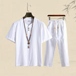 đ„Codzienny, dwuczÄĆciowy komplet z baweĆny i lnu, z dekoltem w ksztaĆcie litery V i spodniami-3672299