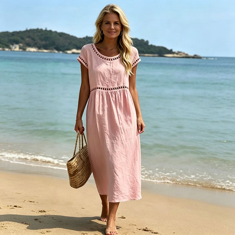 【Producto nuevo, 50% de descuento por tiempo limitado hoy!!】💎Alta calidad 2026💎【S-3XL】Vestido casual y elegante de algodón y lino con cuello redondo y bordado, transpirable, suave y cómodo