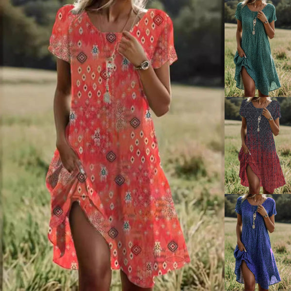 🔥👗【S-3XL】👗2024 nowa sukienka na co dzień z okrągłym dekoltem i nadrukiem na wiosnę i lato-3676941