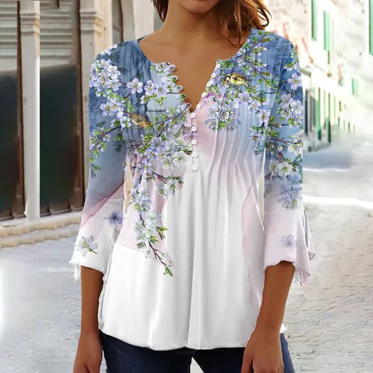 🌸✨【Solo hoy -50%!!】【S-5XL】🌺Top con cuello en V y mangas florales, estilo delicado y romántico