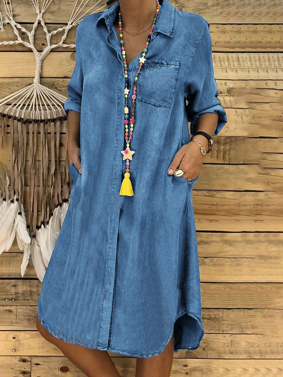 2025 plus size ladies denim dress casual dress plain color🎀Luźny krój, 🎀Modny temperament, 🎀Nadaje się na różne okazje