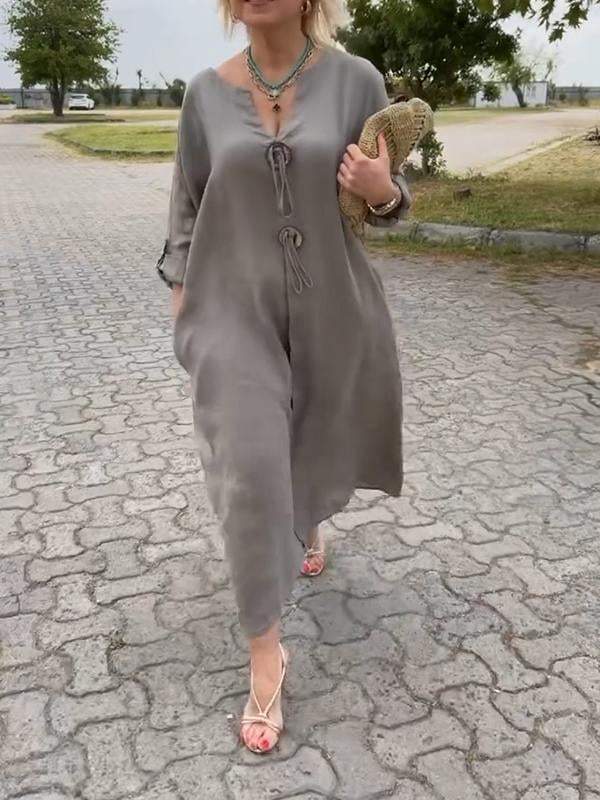 đđăS-5XLăCodzienna sukienka z baweĆny i lnu, z dekoltem w ksztaĆcie litery V-3688001