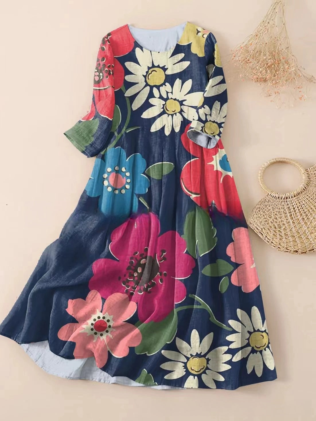 【S-3XL】🌼2024 nowa plisowana sukienka z okrągłym dekoltem i kwiatowym nadrukiem🌸3642425