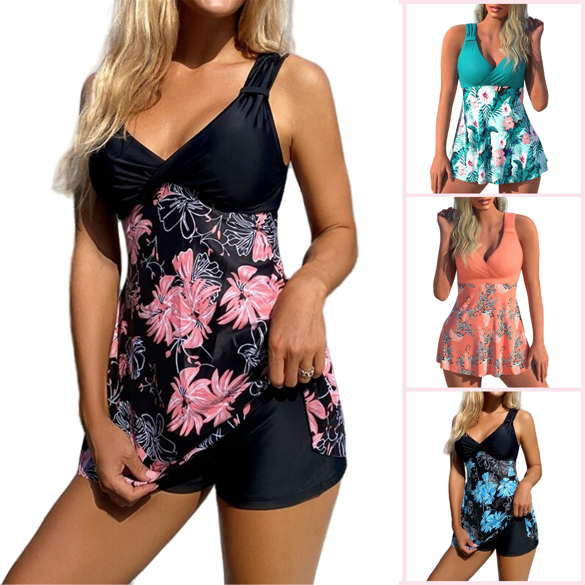 🌴🏖️ 【50% zniżki 】【S-5XL】😍🔥 Duży damski zestaw kostiumów kąpielowych z nadrukiem, spodenki, spódniczka do pływania z odkrytymi plecami, szybkoschnący materiał