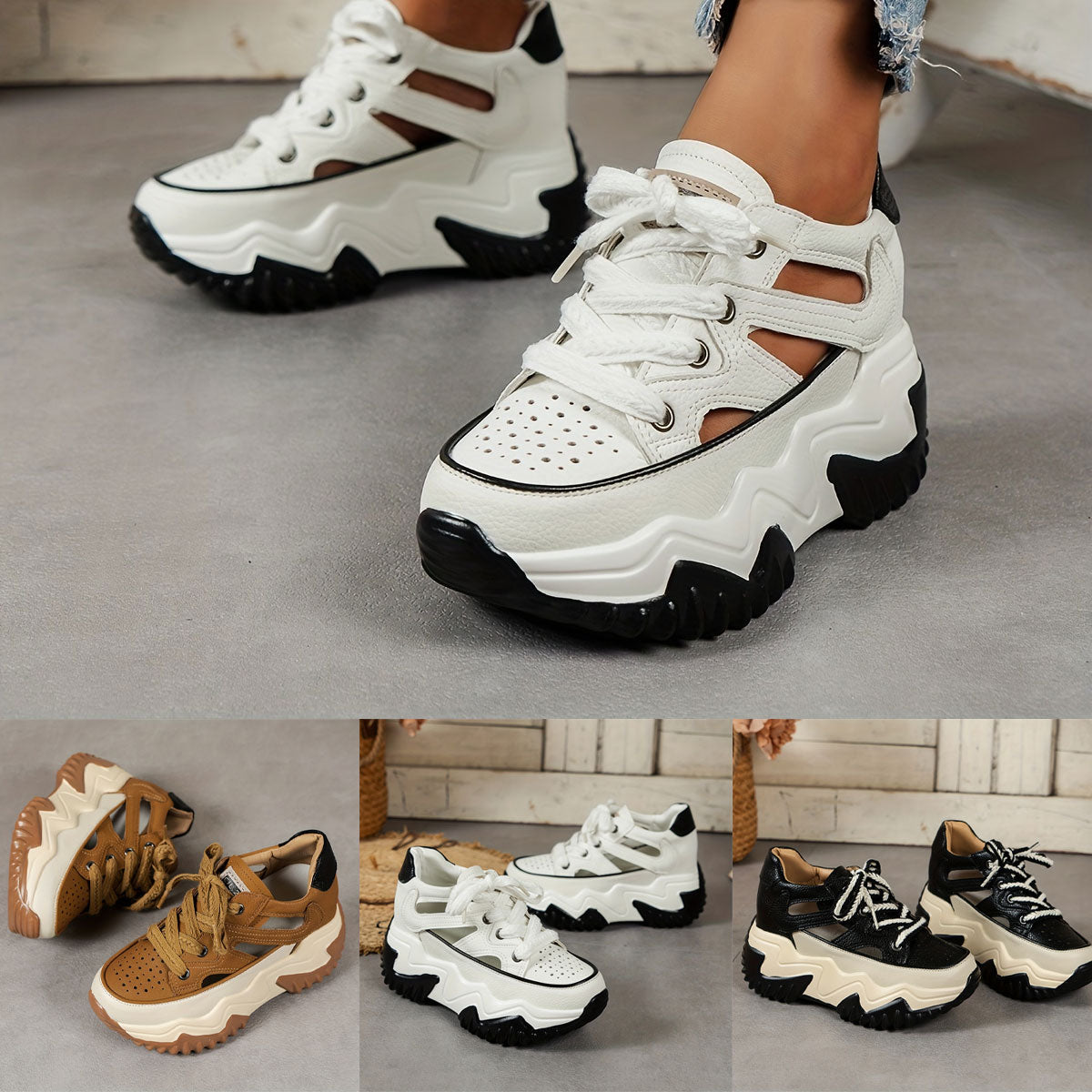 🔥🎉【Specjalne oferty letnie🔥】Nowe letnie, modne, damskie, swobodne buty z grubą podeszwą i wydrążoną cholewką, oddychające i wygodne
