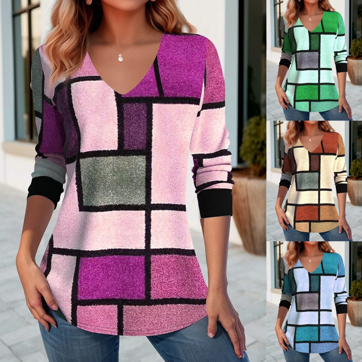 đ„ăS-5XLă T-shirt z nadrukiem na wiosnÄ i jesieĆ z dekoltem w ksztaĆcie litery V-3726379