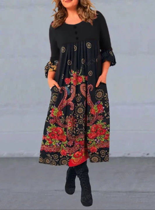 【S-5XL】👗Új őszi és téli retró mintás hosszú ujjú lezser ruha