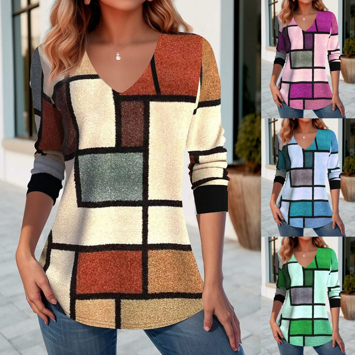 đ„ăS-5XLă T-shirt z nadrukiem na wiosnÄ i jesieĆ z dekoltem w ksztaĆcie litery V-3726379